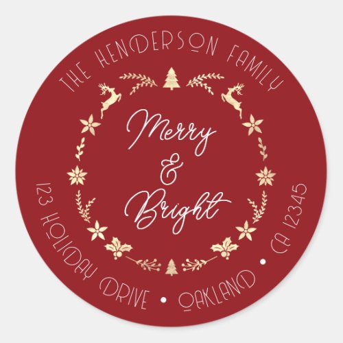 Merry Bright Family Address Reindeer Star Gold Red Classic Round Sticker