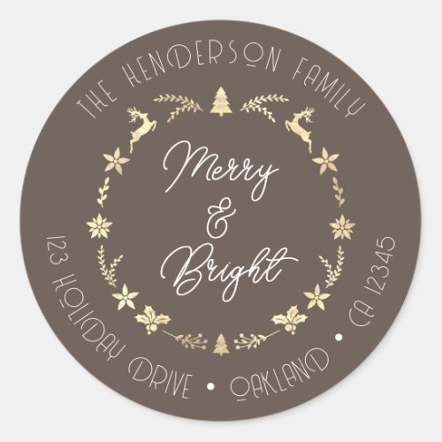 Merry Bright Family Address Reindeer Wreath Gold Classic Round Sticker