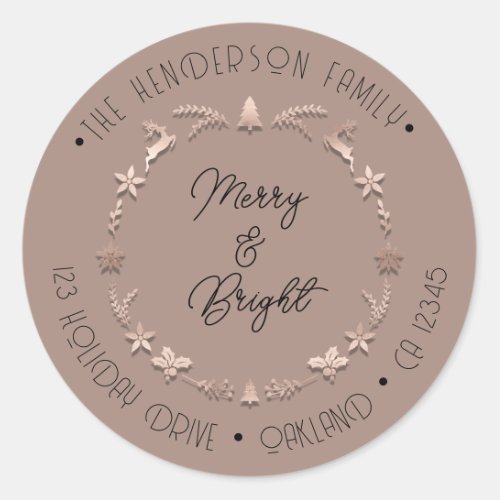 Merry Bright Family Address Wreath Deer Rose  Classic Round Sticker