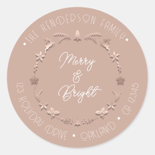 Merry Bright Family Address Wreath Deer Rose Pink Classic Round Sticker