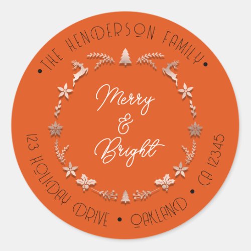Merry Bright Family Address Wreath Deer RoseOrange Classic Round Sticker