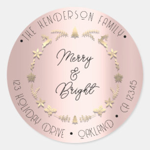 Merry Bright Family Address Wreath Gold Rose Classic Round Sticker