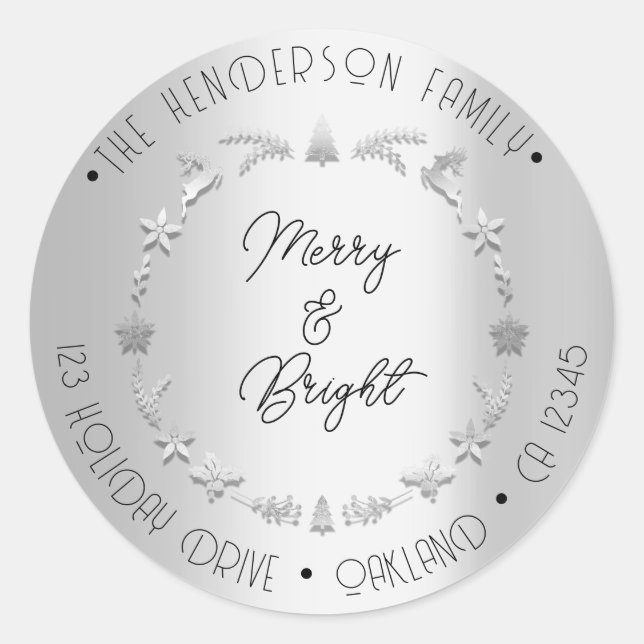 Merry Bright Family Address Wreath Gray Silver Classic Round Sticker (Front)