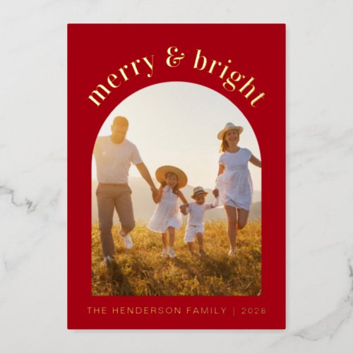 Merry Bright Family Arched Photo Foil Holiday Card