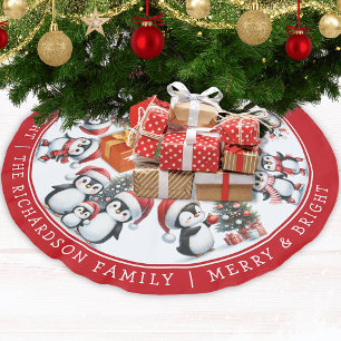 Merry Bright Family Christmas Penguins White Red Brushed Polyester Tree Skirt