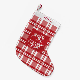 Merry & Bright Family Name Red Plaid Small Christmas Stocking