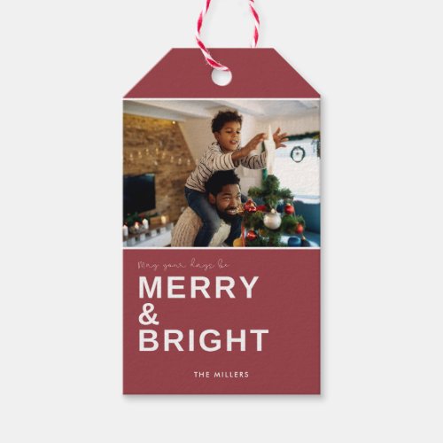 Merry Bright Family Photo Christmas Red Gift Tags