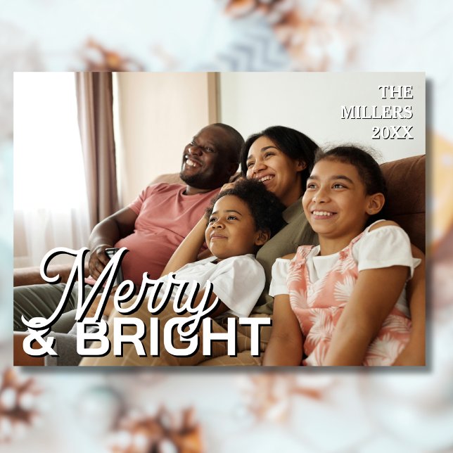 Merry & Bright Family Photo Elegant Light Gray Holiday Card (Creator Uploaded)