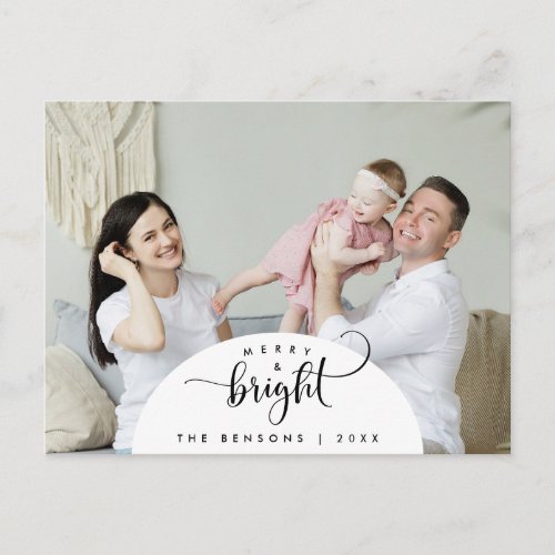 Merry  Bright Family Photo Greeting Modern Oval Postcard