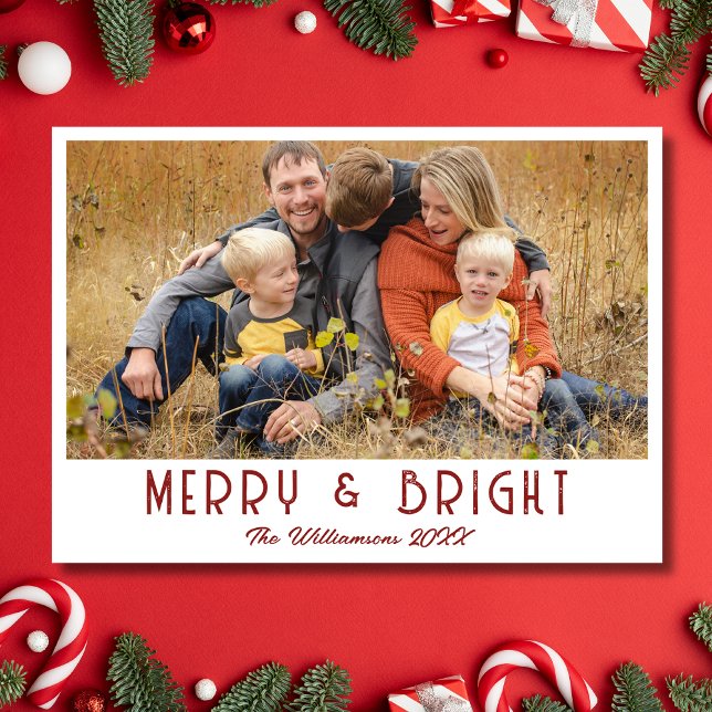 Merry & Bright Family Photo Modern Deep Burgundy Holiday Card (Creator Uploaded)
