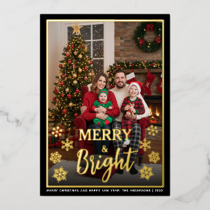 Merry & Bright Family Photo & Snowflakes Christmas Foil Holiday Card