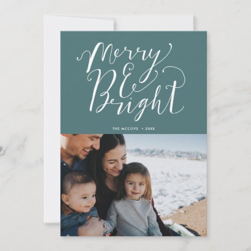 Merry  Bright Family Photo Teal Plaid Christmas Holiday Card