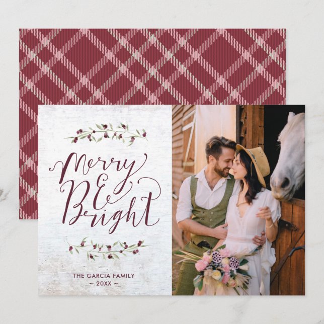 Merry Bright Farmhouse Couple Photo Christmas  Holiday Card (Front/Back)