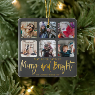 Merry & Bright Faux Gold 6 Photo Christmas Ceramic Ornament