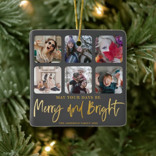 Merry  Bright Faux Gold 6 Photo Christmas Ceramic Ornament