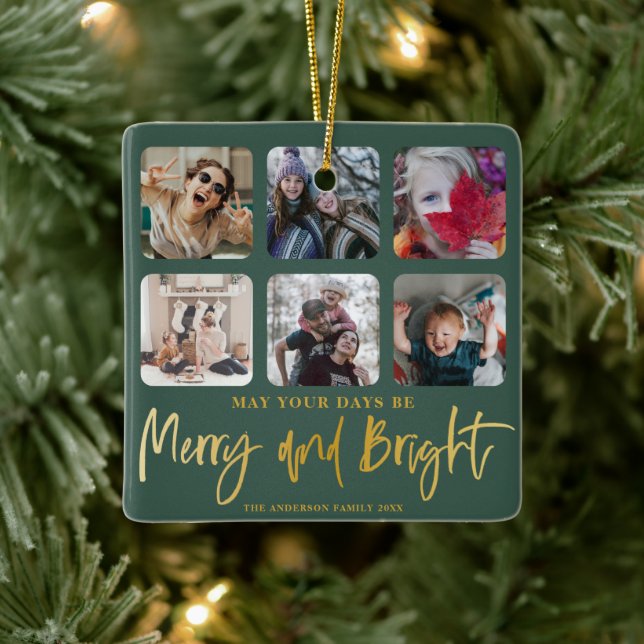 Merry & Bright Faux Gold & Green 6 Photo Christmas Ceramic Ornament (Tree)