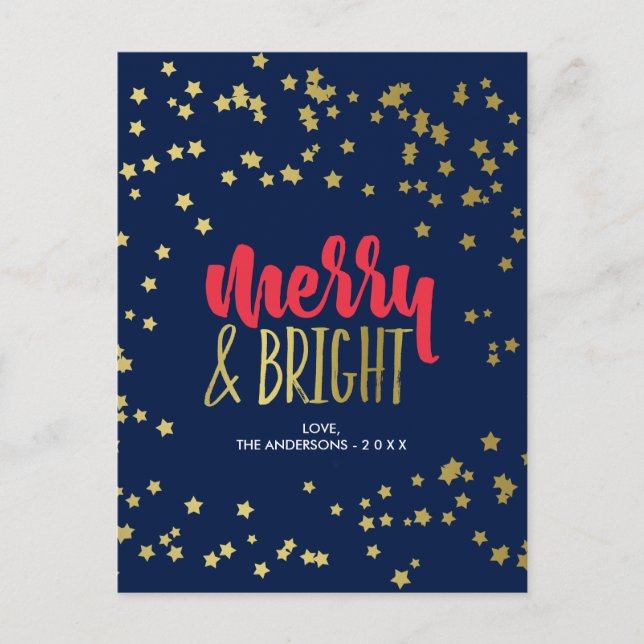 Merry & Bright | Faux Gold Stars Holiday Postcard (Front)