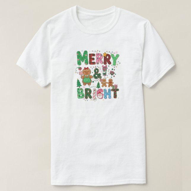 Merry & Bright, Festive Christmas Holiday Design T-Shirt (Design Front)
