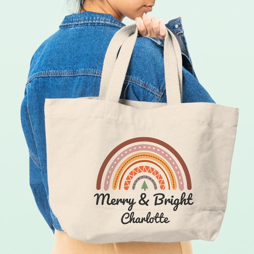 Merry  Bright Festive Christmas Rainbow Name Large Tote Bag