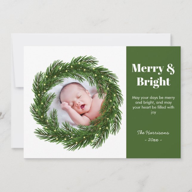 Merry & Bright Fir Tree Frame Photo Christmas Holiday Card (Front)