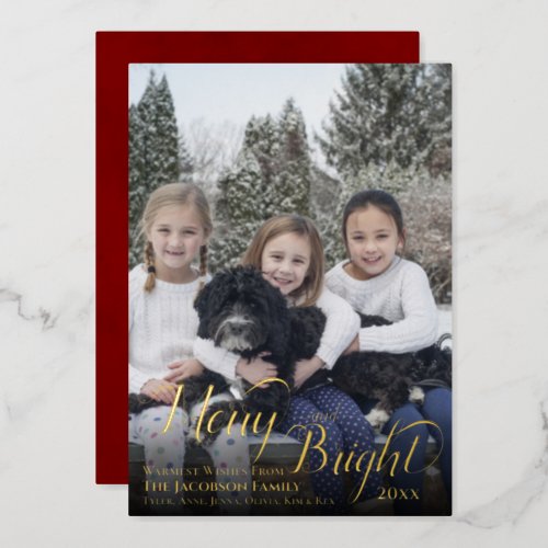 Merry  Bright Full Frame Calligraphy Text Overlay Foil Holiday Card