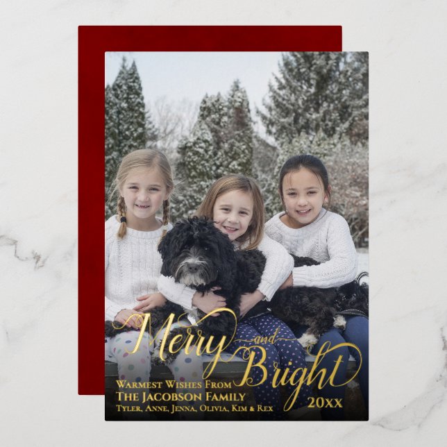 Merry & Bright Full Frame Calligraphy Text Overlay Foil Holiday Card (Front/Back)