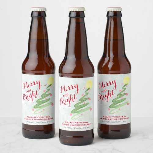 Merry  Bright Fun Abstract Christmas Tree Beer Bottle Label