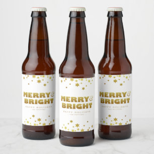 Merry & Bright Fun Christmas White & Gold Beer Bottle Label