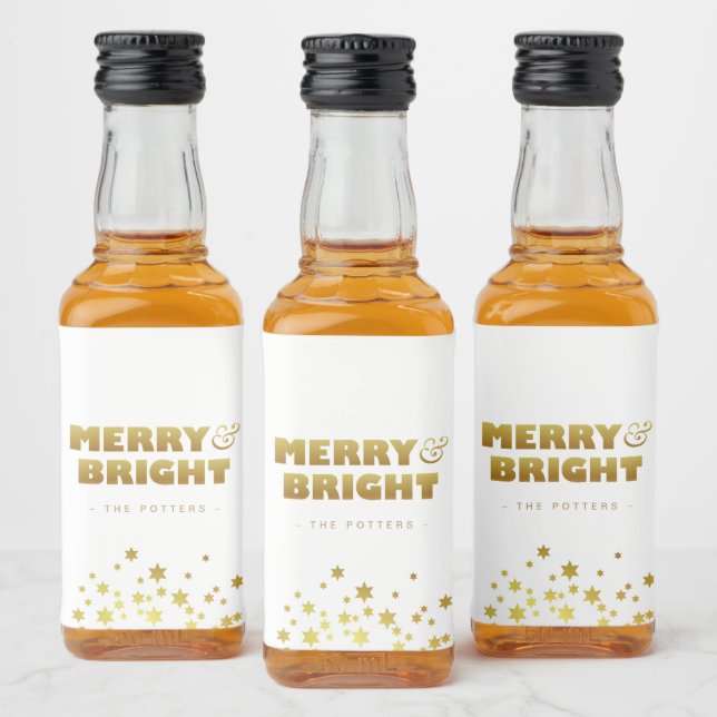 Merry & Bright | Fun Christmas White & Gold Mini Liquor Bottle Label (Bottles)