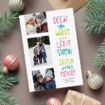 Merry bright fun colorful three photo Christmas Holiday Card<br><div class="desc">This three-photo bright and colorful Christmas card is the perfect way to send holiday cheer. The fun rhyme with Christmas carol quotes pairs perfectly with a set of photos. This Christmas photo card also includes room for a custom message and personalization. The backer is a festive coordinating hot pink with...</div>