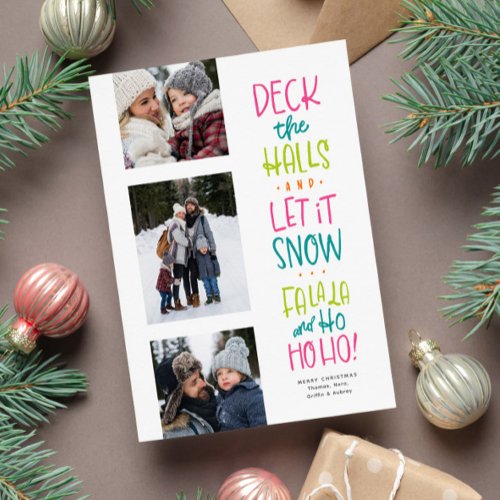Merry bright fun colorful three photo Christmas Holiday Card