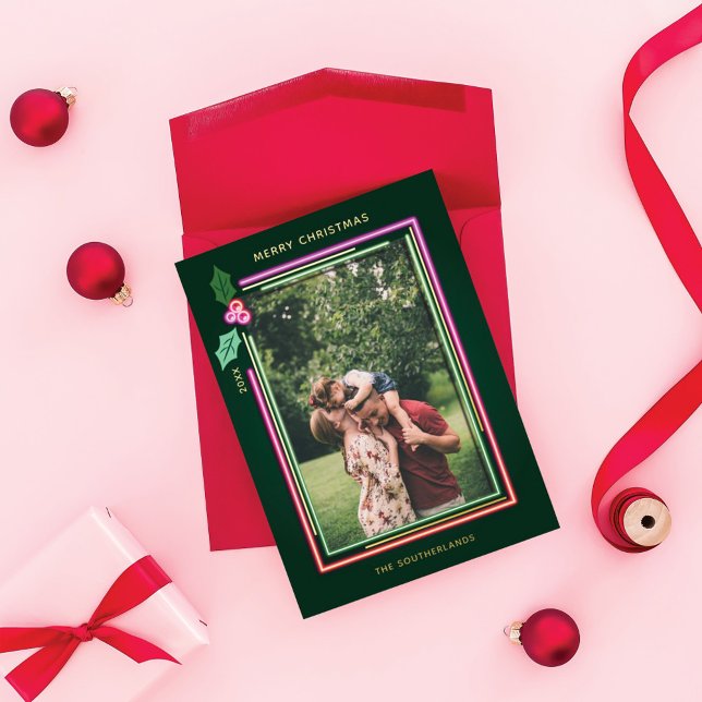 Merry Bright Fun Neon Sign Christmas Lights Photo  Foil Holiday Card (Creator Uploaded)