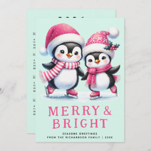 Merry & Bright Fun Penguin Pink Mint Christmas Holiday Card