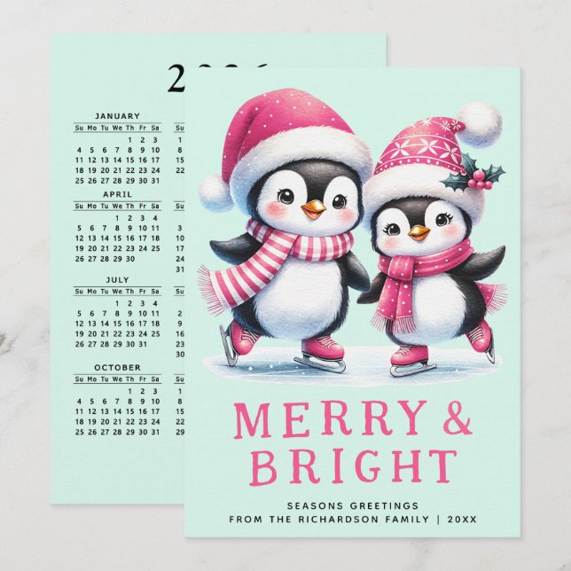 Merry & Bright Fun Penguin Pink Mint Christmas Holiday Card (Front/Back)