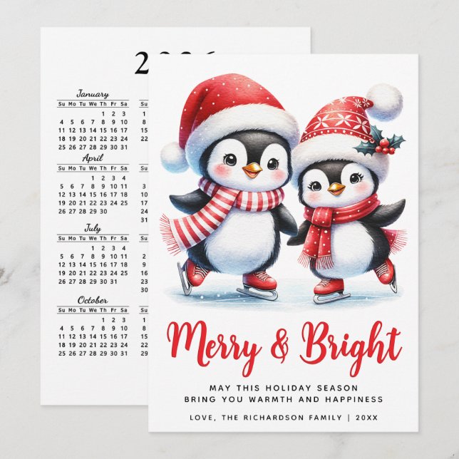 Merry Bright Fun Penguins White Red Christmas Holiday Card (Front/Back)