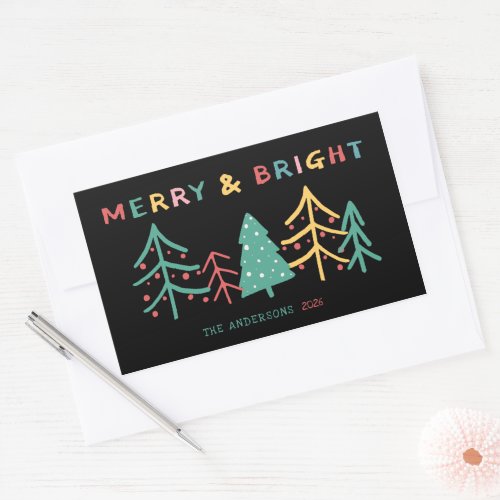 Merry  Bright Fun Pine Stylish Christmas Black Rectangular Sticker