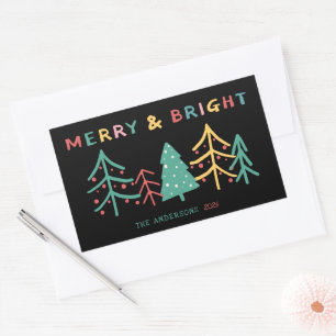 Merry & Bright Fun Pine Stylish Christmas Black Rectangular Sticker