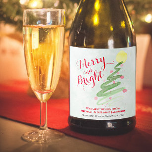 Merry & Bright Fun Watercolor Christmas Tree Sparkling Wine Label