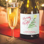 Merry &amp; Bright Fun Watercolor Christmas Tree Sparkling Wine Label