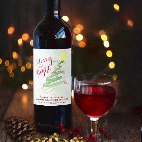 Merry  Bright Fun Watercolor Christmas Tree Wine Label