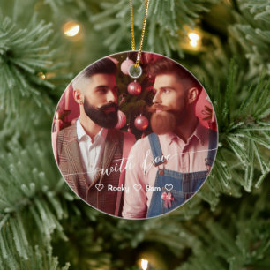 Merry & Bright Gay Retro Pink Custom Photo Ceramic Ornament