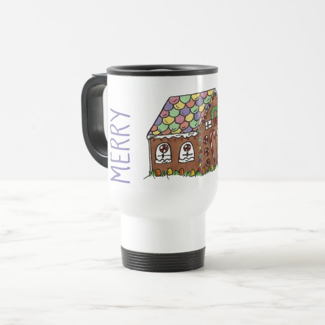 Merry Bright Gingerbread House Christmas Holiday Travel Mug (Front Left)