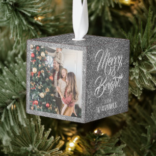 Merry & Bright Glitter Christmas 3 Family photo Cube Ornament