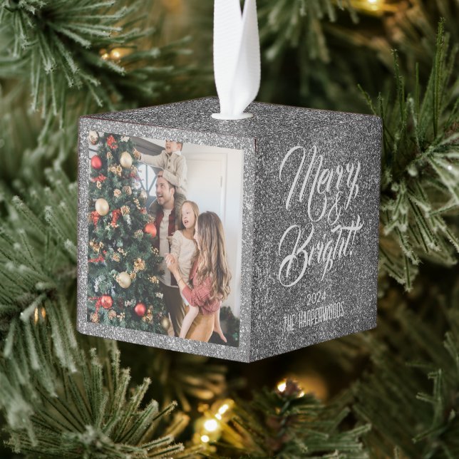 Merry & Bright | Glitter Christmas 3 Family photo Cube Ornament (Tree)