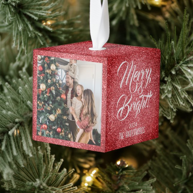 Merry & Bright | Glitter Christmas 3 Family photo Cube Ornament (Tree)