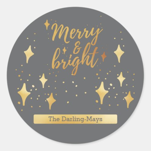 Merry  Bright Gold and Grey Stars Personalized Classic Round Sticker