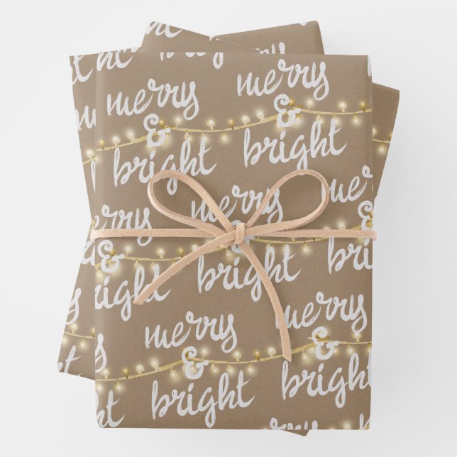 Merry & Bright Gold Christmas Tree Lights Kraft Wrapping Paper Sheets (In situ)