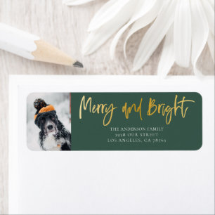 Merry & Bright Gold & Green Christmas Photo Label