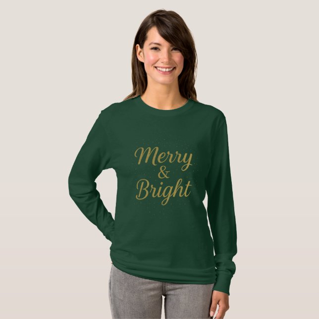 Merry & Bright Gold Shirt | Elegant Christmas Tee (Front Full)