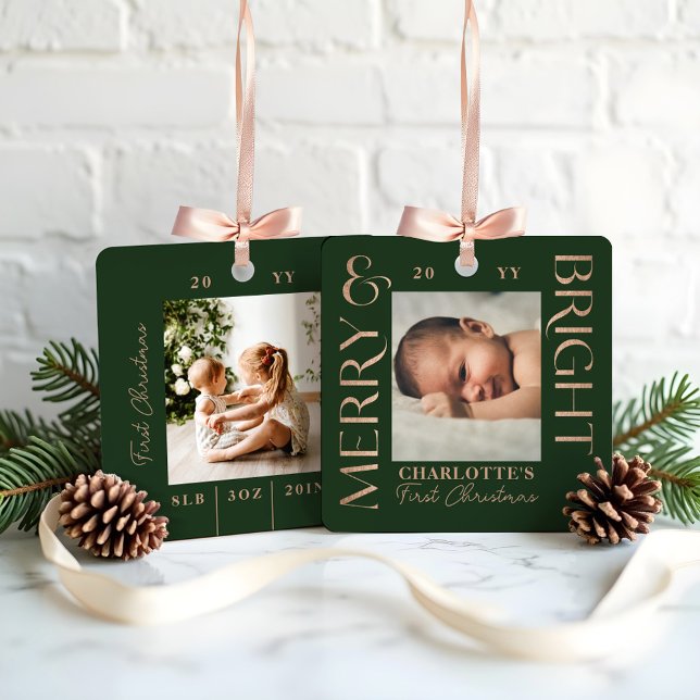 Merry & Bright Green Baby First Christmas Photos Metal Ornament (Merry & Bright Green Baby First Christmas Photos Metal Ornament)